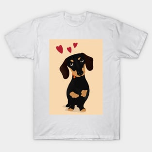 Cute Cartoon Dachshund with Three Red Hearts T-Shirt